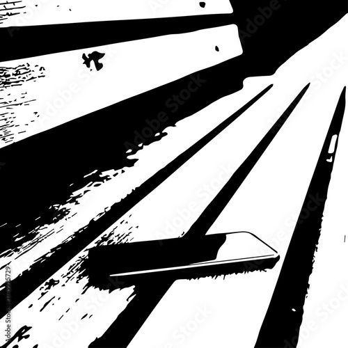 Black and White Smartphone Resting on Wooden Bench with Shadows.