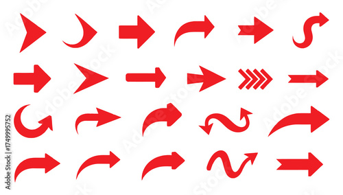 Collection of diverse red arrow icons pointing in various directions and styles on a white background for design and navigation elements