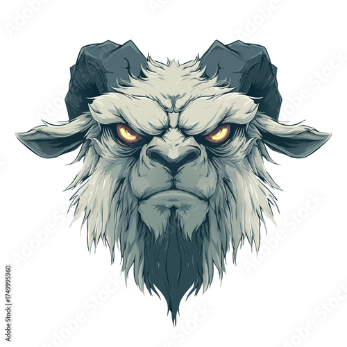 Fierce mythical goat head illustration with glowing yellow eyes, angry expression, and stylized horns. Fantasy creature artwork.