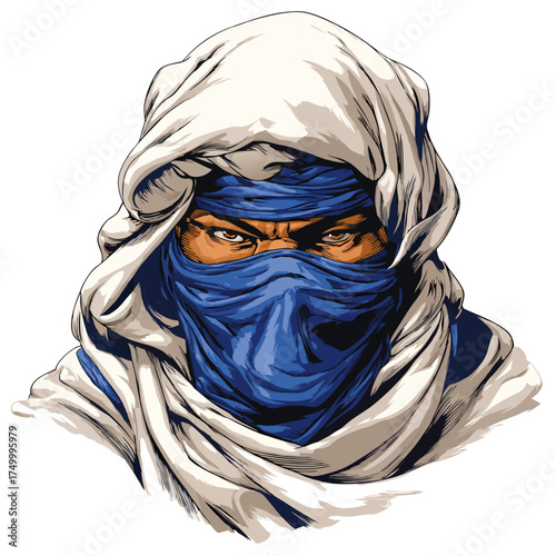 Vector Illustration of a Mysterious Desert Warrior or Nomad with Intense Eyes, Blue Face Veil, and Traditional White Head Covering