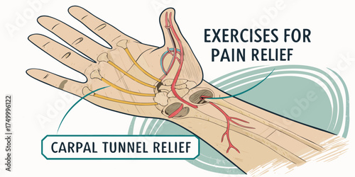 Carpal Tunnel Relief Vector Illustration – Hand and Wrist Anatomy Outline Showing Nerves, Pain Points, and Ergonomic Exercise Tips for Pain Relief and Prevention