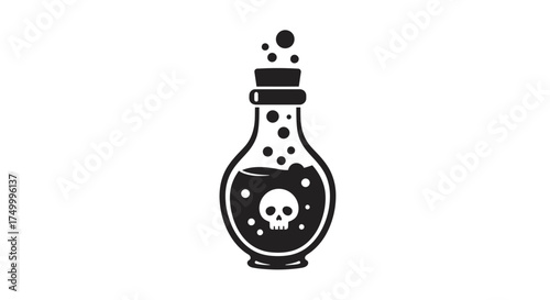 Mysterious potion bottle with skull symbol bubbling liquid and cork top mysterious liquid inside decorative element isolated on white background