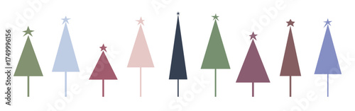 Geometric colorful simple Christmas trees, set of icons, vector, flat design. A festive multicolored element for decoration, posters, postcards. The symbol of Christmas and new year in trendy shades