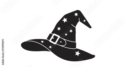Mystical witch hat adorned with sparkling stars and a buckle ideal for halloween and fantasy themed designs and celebrations isolated on white background