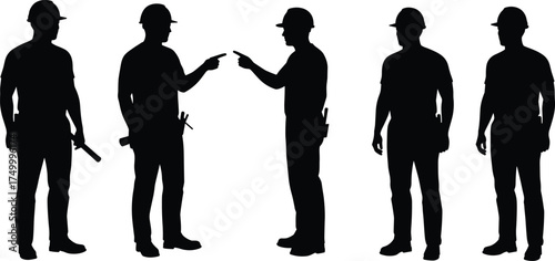 Construction workers silhouette, team discussion, site disagreement, workplace conflict, safety gear, tools, hard hats, coordination, planning, engineering teamwork.