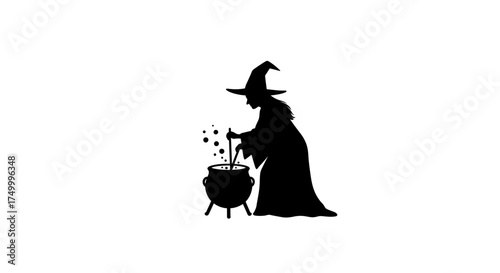 Silhouette of a witch in a hat stirring a cauldron with bubbling potion and magical elements creating a spooky halloween atmosphere isolated on white background