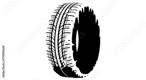 Black and White Tire with Tread Pattern, Isolated on White Background.