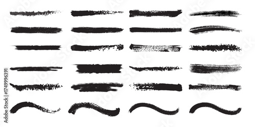 Collection of diverse black ink brush strokes and painted lines with a distressed textured effect on a white background