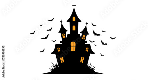 Spooky halloween haunted mansion silhouette with flying bats and glowing windows for spooky seasonal celebrations isolated on white background