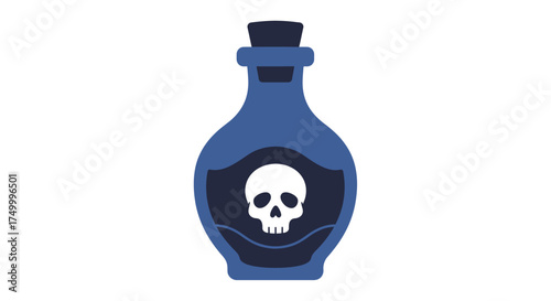 Mysterious blue potion bottle with skull symbol symbolizing danger hazard and poisonous substance for halloween or gothic themes isolated on white background