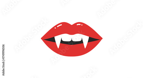 Sensual red vampire lips with sharp fangs showing halloween gothic horror beauty and mystery isolated on white background