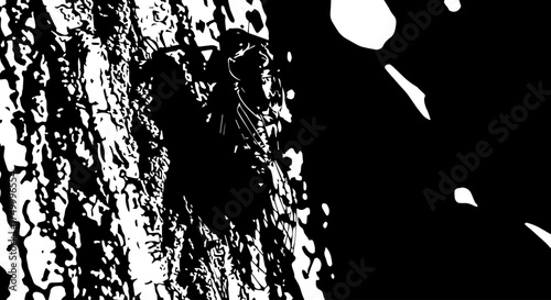 Black and White Tree Bark Texture with Rough, Detailed Surface and Shadows.