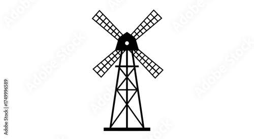 Silhouette of a traditional dutch windmill standing tall with blades rotating slowly capturing rural energy and heritage isolated on white background