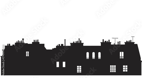 Silhouette of historic terraced houses with chimneys and windows on a clear sky background architectural urban landscape isolated on white background