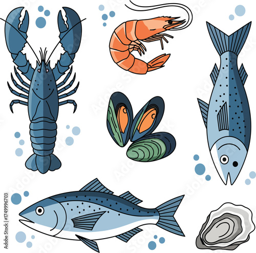 vector, illustration, seafood, crab, shrimp, fish, shellfish, seaweed, poster, printing, background