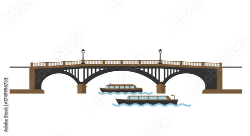 Elegant arch bridge spans river with boats below showing architectural grandeur and tranquil waterway scene isolated on white background
