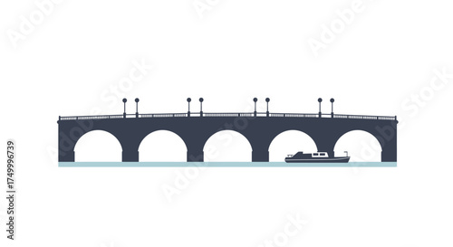 Historic arched stone bridge with street lamps and a small boat passing beneath in a scenic waterway scene isolated on white background