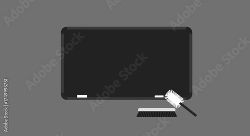 Empty chalkboard with chalk eraser and hand holding chalk for education learning presentation teaching isolated on white background