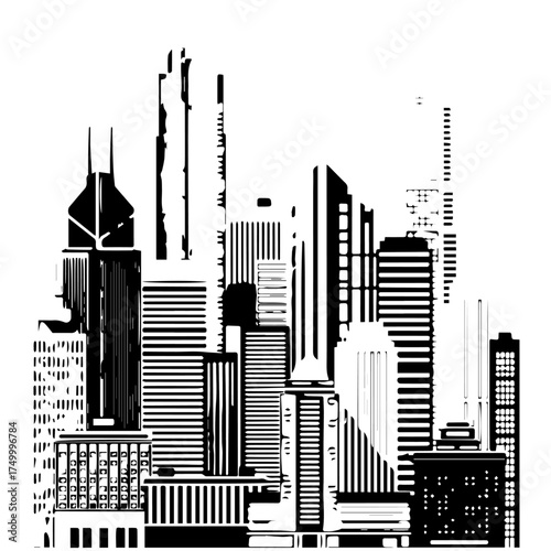 Black and White Vector Illustration of a Modern City Skyline with Skyscrapers.