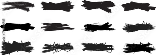 Collection of twelve abstract black ink brush stroke splatters and smudges isolated on a clean white background for graphic design