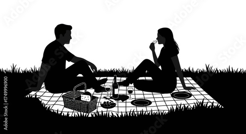 Silhouettes of a couple enjoying a picnic and playing go game outdoors amidst tall grass under bright sky isolated on white background