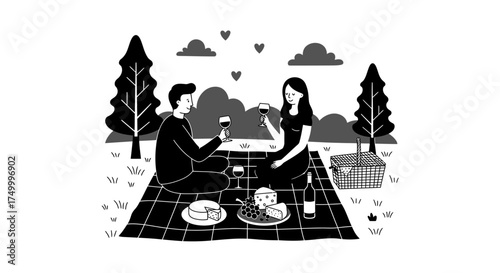 Romantic couple enjoying picnic outdoors amidst trees and clouds celebrating love together outdoors romance isolated on white background