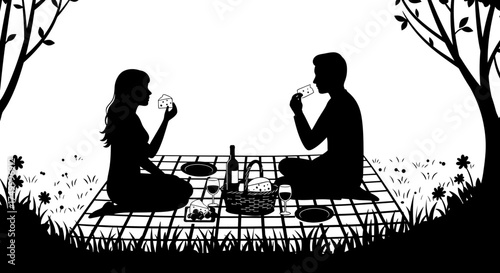 Romantic silhouette of a couple enjoying a picnic together surrounded by nature and flowers under trees on a sunny day isolated on white background