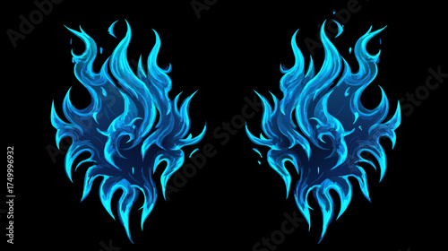 Symmetrical blue flame wings design element. Abstract fiery mystical energy burst. Fantasy magic power effect on black background.