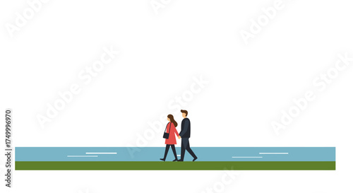 Couple walking together on green grass beside blue water with clear sky above isolated on white background