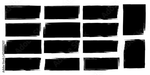 Collection of twelve distressed black grunge rectangular frames and two tall vertical borders with rough textured edges on a white background