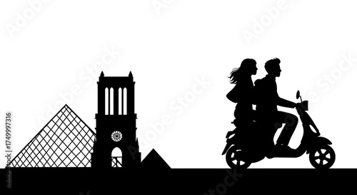 Silhouette of a couple riding a scooter past parisian landmarks including the louvre pyramid and arc de triomphe creating a romantic travel scene isolated on white background