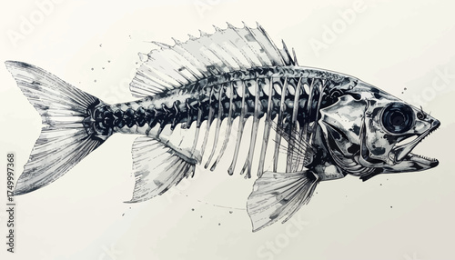 Fish skeleton detailed monochrome artwork with transparent background