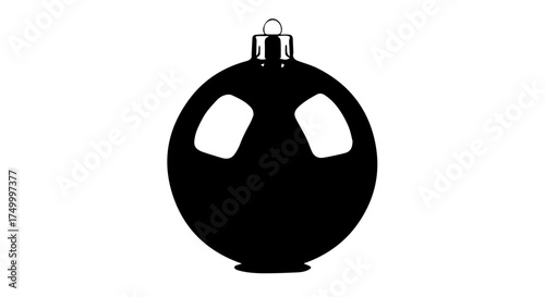 Black Christmas Ornament with Two White Reflections and Silver Cap Detail.