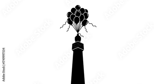 Conceptual image of a graduation tassel holding a cluster of balloons symbolizing achievement and celebration in black and white isolated on white background