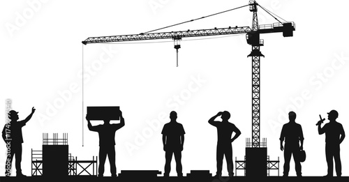Construction workers silhouettes with crane, building site teamwork, heavy labor industry, safety helmet workforce, structural development, engineering project,