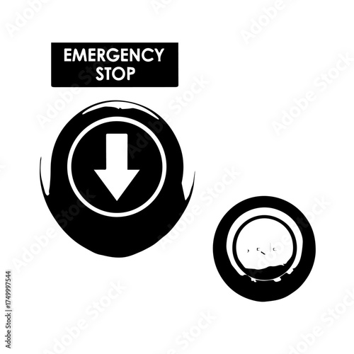 Black Emergency Stop Button with White Arrow and Sign, Isolated.