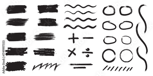Collection of hand drawn black ink brush strokes scribbles circles and mathematical symbols on white background