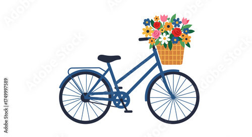 Vintage bicycle with colorful flower basket charming retro cycle transporting blooms for spring summer celebration and outdoor activities isolated on white background
