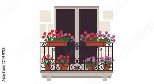 Beautiful balcony with blooming flowers and window creates a charming facade with elegant railing design perfect for home decor and architectural concepts. isolated on white background