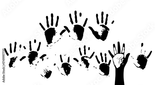 Black Handprint Silhouettes in Various Sizes and Orientations, Artistic Design.