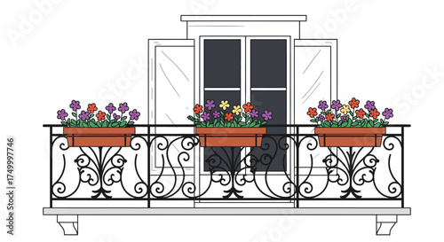 Charming parisian balcony with ornate wrought iron railing and colorful flower boxes offering a picturesque european scene isolated on white background