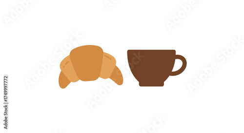 A delicious golden croissant and a rich brown coffee cup offer a classic breakfast morning scene isolated on white background