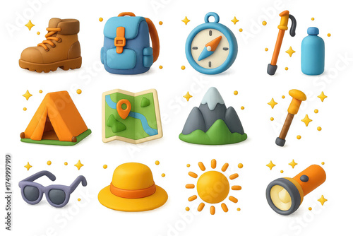 Colorful Hiking Icons. Hiking. 3D icons set of hiking: hiking boots, backpack, compass, water bottle, tent, map, mountain, walking stick, sunglasses, hat, sun,