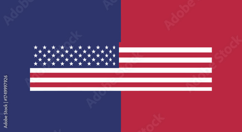 American flag divided between blue and red halves symbolizing political division or bipartisanship united states isolated on white background