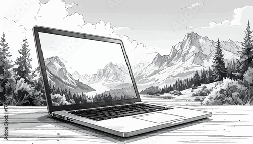 Laptop displaying mountain landscape scenery