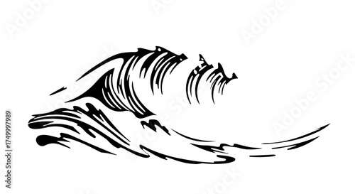Black Ink Wave Illustration Depicting Cresting Water with Artistic Brushstrokes.