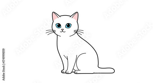 Charming outline drawing of a cute sitting cat with large expressive eyes and whiskers perfect for animal lovers and pet themes isolated on white background
