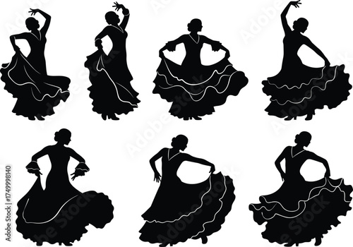 Flamenco dancer silhouettes, Spanish traditional dance, women in ruffled dresses, expressive poses, cultural performance, vector illustration, passion, movement, elegance, art