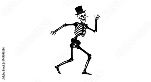 Playful skeleton character wearing top hat running and dancing with joyful energy isolated on white background