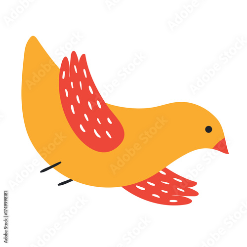 Flying bird isolated on transparent. Hand drawn flat vector illustration. Cute cartoon character. Traditional Christmas, New Year, seasonal design element, holiday clip art. Festive decoration, decor
